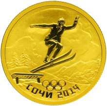 Золотая монета 50 рублей "Прыжки на лыжах с трамплина" Сочи 2014г., 7,78г., Au 999, ПРУФ