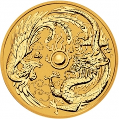Золотая монета 100 долларов  «Дракон и Феникс» Австралия, 2018, 1 OZ, 31,1г.